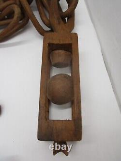 Vintage Folk Art Hand Carved Wood Chains Block With Balls Links