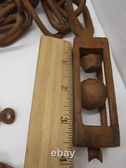 Vintage Folk Art Hand Carved Wood Chains Block With Balls Links