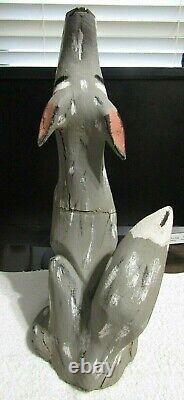 Vintage Folk Art Hand Carved Wood HOWLING COYOTE signed Pete Ortega 14 3/4