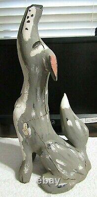 Vintage Folk Art Hand Carved Wood HOWLING COYOTE signed Pete Ortega 14 3/4