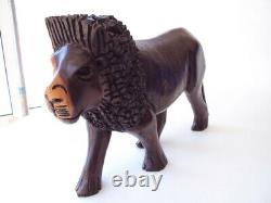 Vintage Folk Art Hand Carved Wood Lion Statues Sculpture Figurines Mid Century