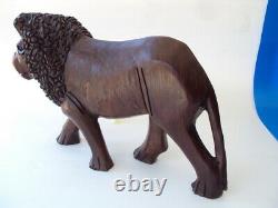 Vintage Folk Art Hand Carved Wood Lion Statues Sculpture Figurines Mid Century