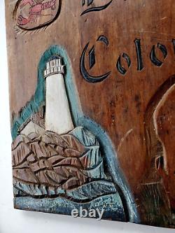 Vintage Folk Art Hand Carved Wood Plaque Maine Lighthouse R. Woodford SIGNED