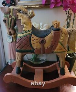 Vintage Folk Art Hand Carved Wood Rocking Horse Tang Style Chinoiserie