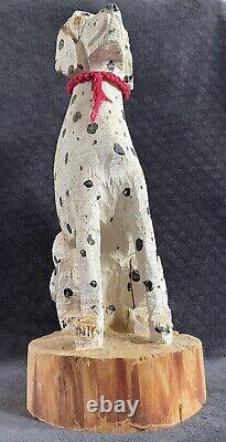 Vintage Folk Art Hand Carved Wood Seated Dalmatian Dog Statue Sculpture
