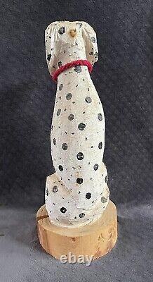 Vintage Folk Art Hand Carved Wood Seated Dalmatian Dog Statue Sculpture