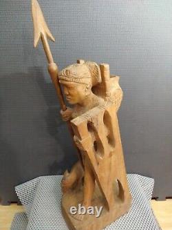 Vintage Folk Art Hand Carved Wood Warrior Hunter Statue