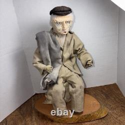 Vintage Folk Art Handmade Man Figure Molded Face Wood Base 9.5 X 8 In