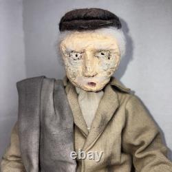Vintage Folk Art Handmade Man Figure Molded Face Wood Base 9.5 X 8 In