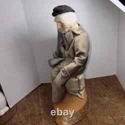 Vintage Folk Art Handmade Man Figure Molded Face Wood Base 9.5 X 8 In