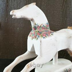 Vintage Folk Art Large Wood Carving Hand Painted Floral Horse Sculpture