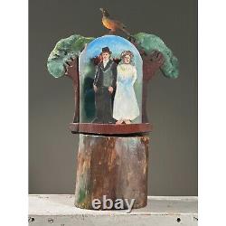 Vintage Folk Art Polychrome Hand Carved Dimensional Sculpture of Bride and Groom