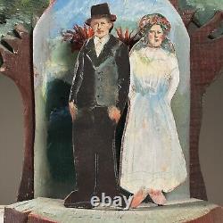 Vintage Folk Art Polychrome Hand Carved Dimensional Sculpture of Bride and Groom