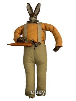 Vintage Folk Art Rabbit Wooden Carved Stuffed Primitive Easter Doll Decor Large