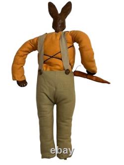 Vintage Folk Art Rabbit Wooden Carved Stuffed Primitive Easter Doll Decor Large