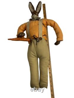 Vintage Folk Art Rabbit Wooden Carved Stuffed Primitive Easter Doll Decor Large