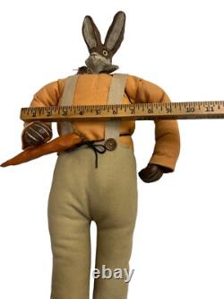 Vintage Folk Art Rabbit Wooden Carved Stuffed Primitive Easter Doll Decor Large