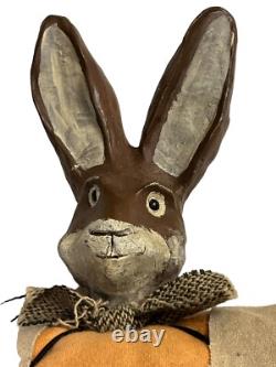 Vintage Folk Art Rabbit Wooden Carved Stuffed Primitive Easter Doll Decor Large
