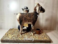 Vintage Folk Art Soft Sculpture Man Milking GoatHandmade Doll Figure NC