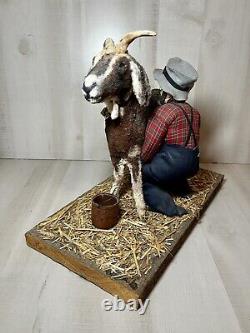 Vintage Folk Art Soft Sculpture Man Milking GoatHandmade Doll Figure NC