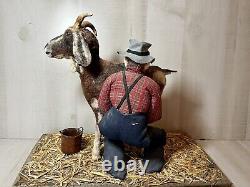 Vintage Folk Art Soft Sculpture Man Milking GoatHandmade Doll Figure NC