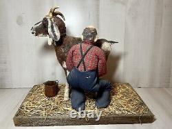 Vintage Folk Art Soft Sculpture Man Milking GoatHandmade Doll Figure NC