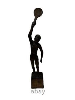 Vintage Folk Art Woman, Tennis Player Hand-Carved Wooden Figure Statue 12.5