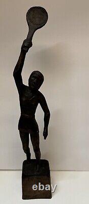 Vintage Folk Art Woman, Tennis Player Hand-Carved Wooden Figure Statue 12.5