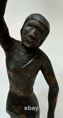 Vintage Folk Art Woman, Tennis Player Hand-Carved Wooden Figure Statue 12.5