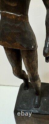 Vintage Folk Art Woman, Tennis Player Hand-Carved Wooden Figure Statue 12.5