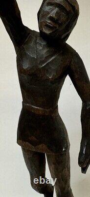 Vintage Folk Art Woman, Tennis Player Hand-Carved Wooden Figure Statue 12.5