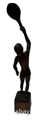Vintage Folk Art Woman, Tennis Player Hand-Carved Wooden Figure Statue 12.5