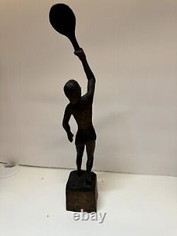 Vintage Folk Art Woman, Tennis Player Hand-Carved Wooden Figure Statue 12.5