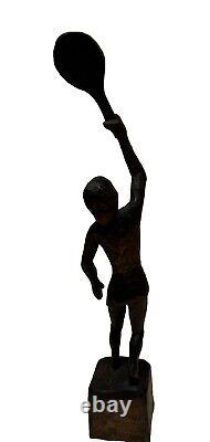 Vintage Folk Art Woman, Tennis Player Hand-Carved Wooden Figure Statue 12.5