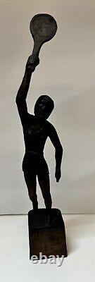 Vintage Folk Art Woman, Tennis Player Hand-Carved Wooden Figure Statue 12.5