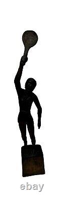 Vintage Folk Art Woman, Tennis Player Hand-Carved Wooden Figure Statue 12.5
