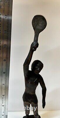 Vintage Folk Art Woman, Tennis Player Hand-Carved Wooden Figure Statue 12.5