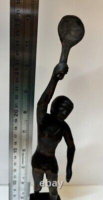 Vintage Folk Art Woman, Tennis Player Hand-Carved Wooden Figure Statue 12.5