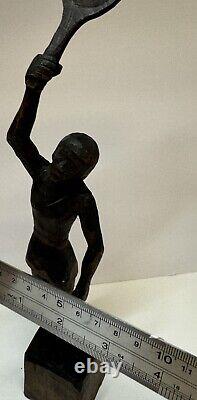 Vintage Folk Art Woman, Tennis Player Hand-Carved Wooden Figure Statue 12.5
