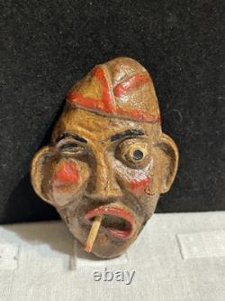 Vintage Folk Art Wood Carved Fisherman Brooch Cigarette In Mouth Pin