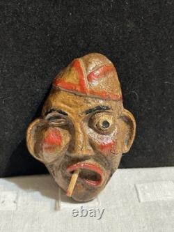 Vintage Folk Art Wood Carved Fisherman Brooch Cigarette In Mouth Pin