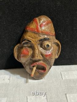 Vintage Folk Art Wood Carved Fisherman Brooch Cigarette In Mouth Pin