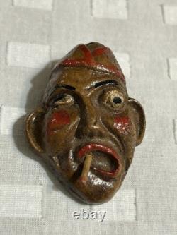 Vintage Folk Art Wood Carved Fisherman Brooch Cigarette In Mouth Pin