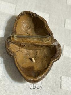 Vintage Folk Art Wood Carved Fisherman Brooch Cigarette In Mouth Pin