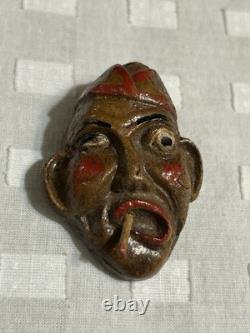 Vintage Folk Art Wood Carved Fisherman Brooch Cigarette In Mouth Pin