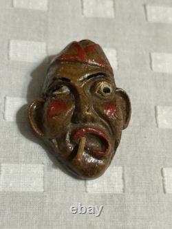 Vintage Folk Art Wood Carved Fisherman Brooch Cigarette In Mouth Pin