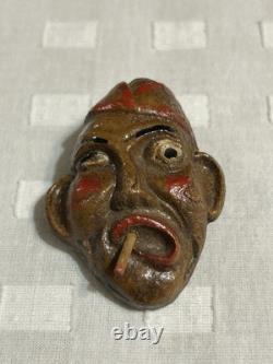 Vintage Folk Art Wood Carved Fisherman Brooch Cigarette In Mouth Pin