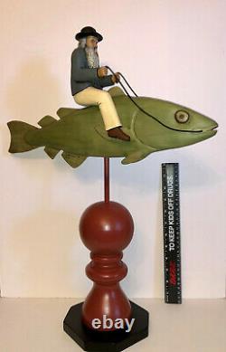 Vintage Folk Art Wood Carving Man Riding Fish. Signed Bill Harris 1994. S. C