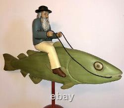 Vintage Folk Art Wood Carving Man Riding Fish. Signed Bill Harris 1994. S. C