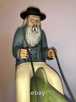 Vintage Folk Art Wood Carving Man Riding Fish. Signed Bill Harris 1994. S. C